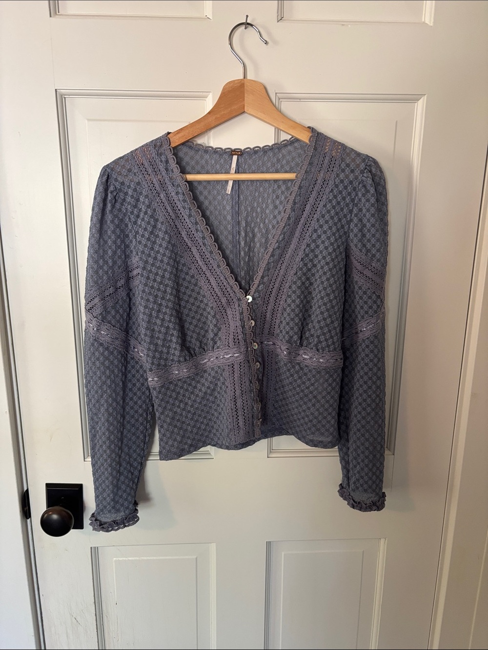 Free People Dusty Blue Lace-Trim V-Neck Button Front Top